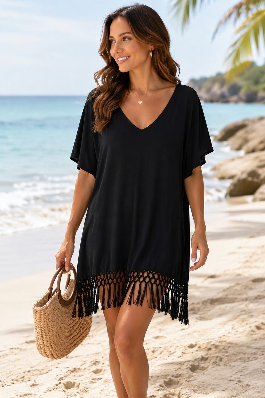 Black Fringe Swim Cover Up 2XL Dress V Neck Flutter Sleeve Crisscross Back EUC